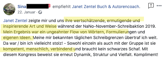 Empfehlung Janet Zentel Autoren Coach 2020