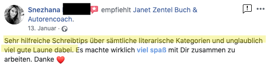 Empfehlung Janet Zentel Autoren Coach 2020