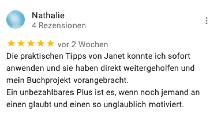 Testimonial Nano Intensiv Schreibkurs NaNoWrimo Vorbereitung Janet